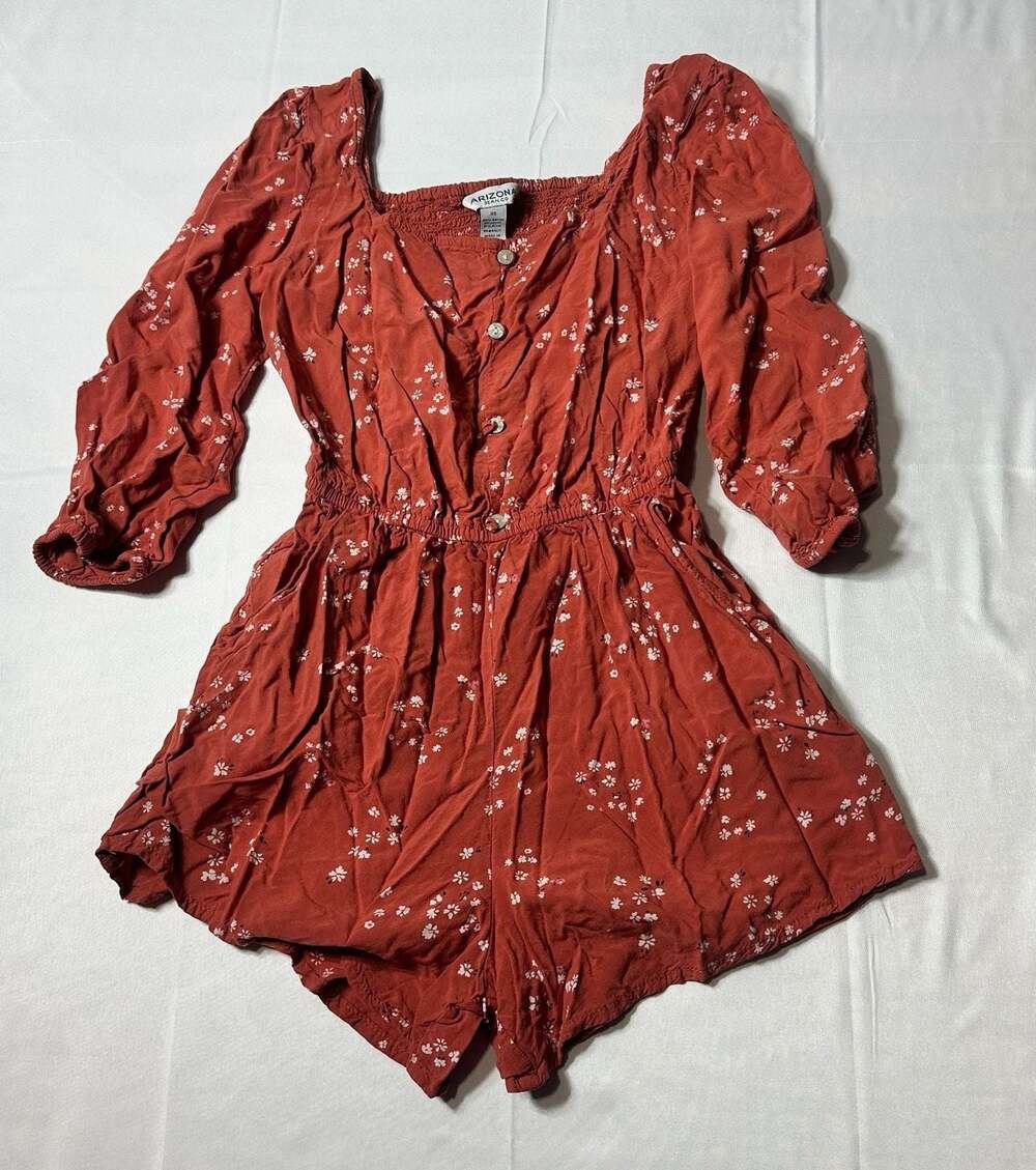Arizona Jean Co Women’s XS Rust Floral Button Front Puff Sleeve Romper Pockets